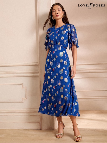 Albastru cobalt cu buline - Love & Roses Metalic Guler rotund Mânecă scurtă  Midi Rochie (AW0398) | 588 LEI