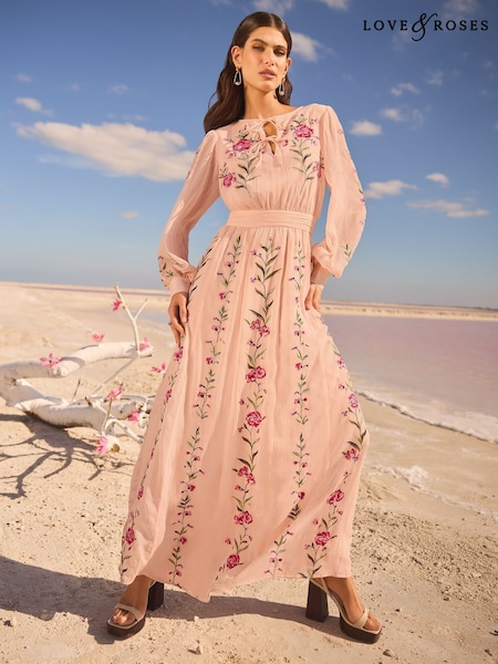 V&A I Love & Roses Embroidered Tie Detail Long Sleeve Maxi Dress (AW0404) | 1,229 LEI