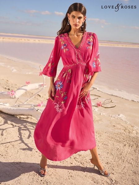 Love & Roses Pink Floral Embroidered V-Neck Angel Sleeve Midi Dress (AW0406) | $153