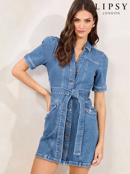 Lipsy Mid Wash Blue Belted Denim Mini Shirt Dress with Waist Seaming Detail (AW0409) | €84