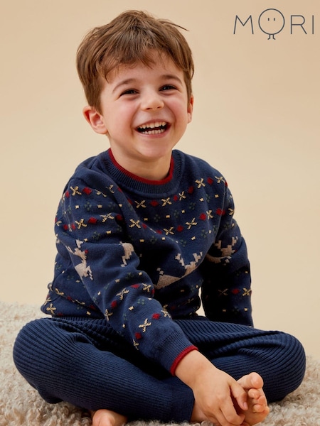 MORI Blue Reindeer Fair Isle Knitted 100% Organic Cotton Christmas Jumper (AW0433) | €28 - €30