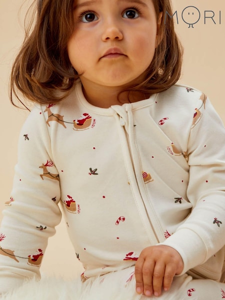 Mori Cream Jolly Journey Cotton & Bamboo Zip Up Christmas Sleepsuit (AW0434) | € 27