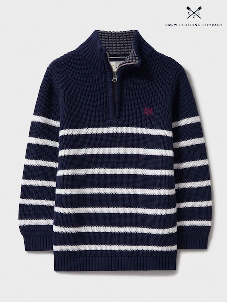 Crew Clothing Company Blue Classic Breton Half Zip Knit 100% Cotton Jumpers (AW0592) | ‏141‏₪ - ‏181‏ ₪
