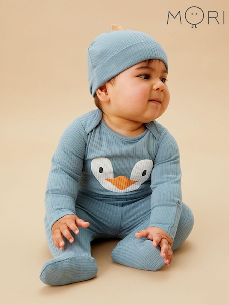 Cu pinguin cu albastru - Set ținută Mori Cotton And Bamboo Crăciun Bebeluș (AW0621) | 206 LEI