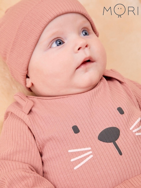 MORI Pink Little Kitty Cotton & Bamboo Bodysuit, Hat & Leggings Baby Outfit Set (AW0624) | AED144