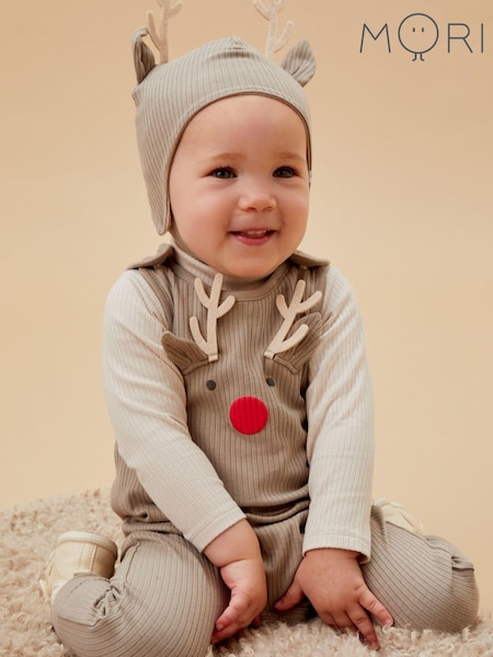 MORI Reindeer Cotton And Bamboo Christmas Brown Dungarees (AW0629) | AED94