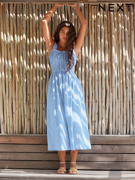 Blue/White Stripe Strappy Tie Front Midi Dress (AW0756) | kr510