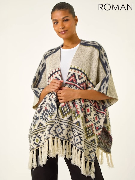 Natural - Roman Jacquard Tassel Trim Poncho