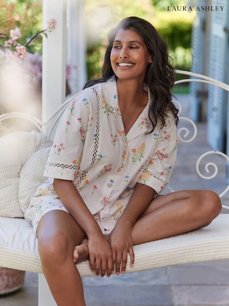 Laura Ashley Ecru Elston Garden Button Through Short Sleeve Pyjamas (AW0853) | ₪241