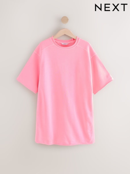 Fluro Pink Raw Hem Detail Washed 100% Cotton Crew Neck Dress (AW0874) | €48