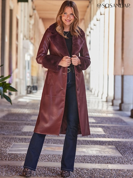 Sosandar Red Leather Coat With Faux Fur Trim (AW1007) | €171