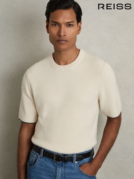 Reiss Off White/Navy Rafferty Rib Knit Tipped T-Shirt (AW1180) | €142