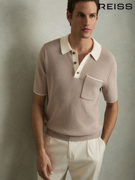 بني فاتح/Off White - Reiss Brinkley Cotton Polo Shirt with Buttons (AW1188) | ‏850 د.إ.‏