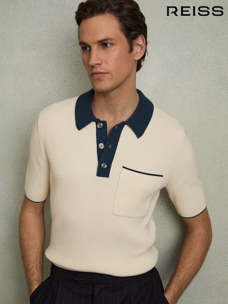 Reiss Off White/Navy Brinkley Cotton Polo Shirt with Buttons (AW1189) | 867 QAR