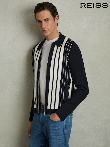 Reiss Navy/White Ambient Striped Zip Through Knitted Jacket (AW1191) | €215
