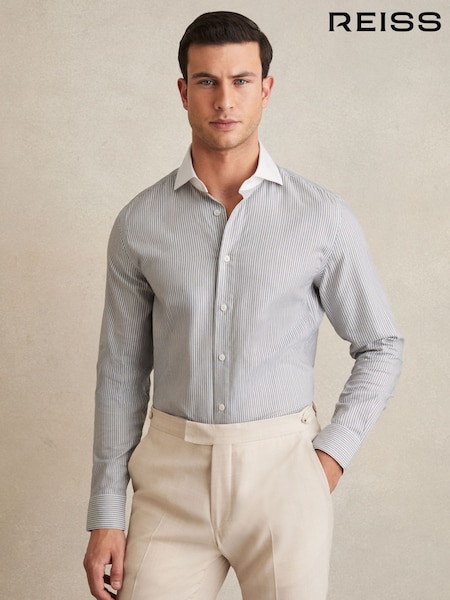 Reiss Contrast Stripe Grey Ascot Cotton-Lyocell Stripe Shirt (AW1275) | kr2 060