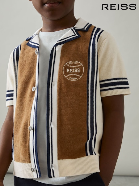 Marrón tabaco/blanco quemado - Reiss Appling Cotton Colour-Block Varsity Shirt (AW1294) | 70 €