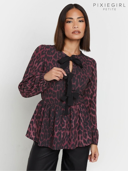 PixieGirl Petite Long Sleeve Leopard Print Bow Top (AW1317) | €25