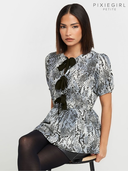 PixieGirl Petite Grey Snake Print Bow Top (AW1327) | ₪166