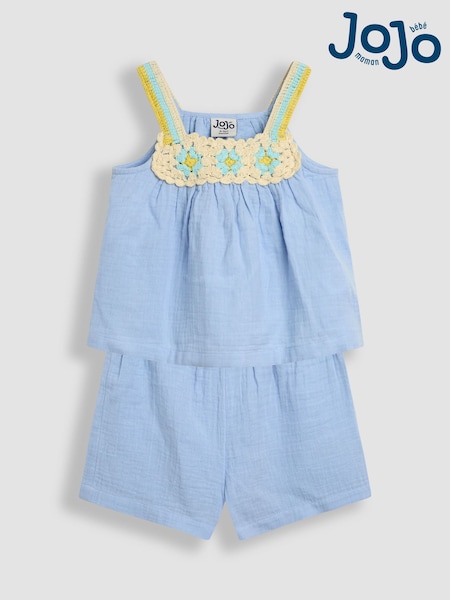 JoJo Maman Bébé Blue Floral Crochet Cheesecloth Top and Shorts Set 2 Piece (AW1397) | €48 - €57