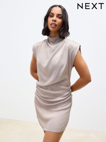 Серо-коричневый - High Neck Shoulder Pad Rouched Mini Dress (AW1400) | €66