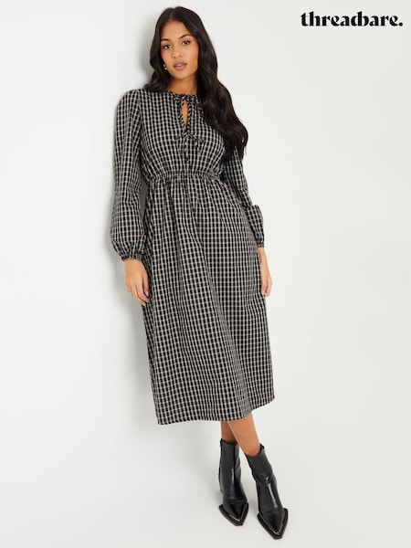 Threadbare Black Check Puff Sleeves With Pockets Midi Dress (AW1437) | €19