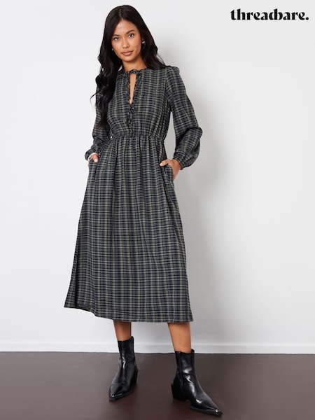 Threadbare Green Check Puff Sleeves With Pockets Midi Dress (AW1438) | €27