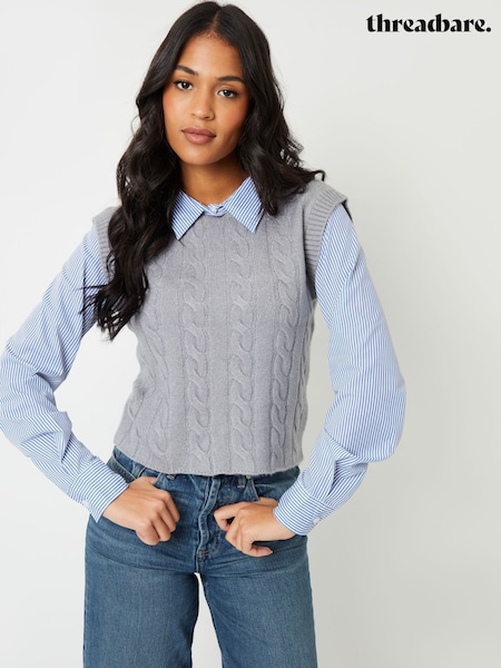 Threadbare Grey 2-in-1 Cable Knit Vest And Pinstripe Shirt (AW1447) | kr357