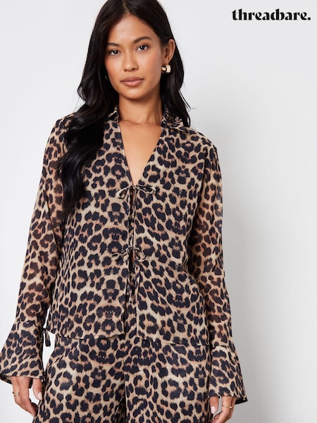 Threadbare Brown Leopard Print Chiffon Tie Front Blouse (AW1454) | 84 QAR