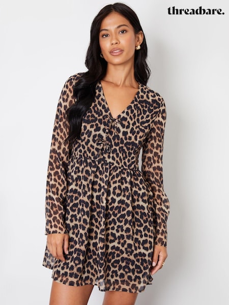 Threadbare Brown Mini Leopard Print Flared Chiffon Dress (AW1461) | €26