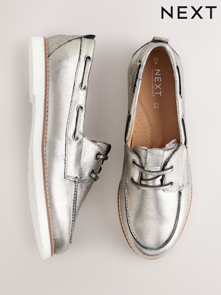 Gun Metal Forever Comfort® Leather Round Toe Lace Up Boat Shoes (AW1575) | R$ 425