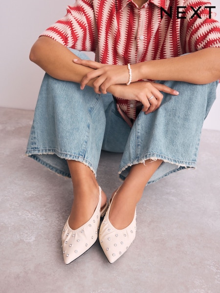 Ecru Forever Comfort® Studded Point Toe Slingback Shoes (AW1585) | €44