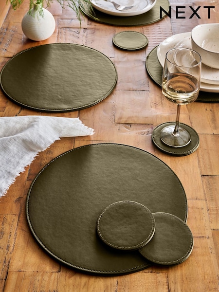 Set of 4 Khaki Green Reversible Faux Leather Placemats and Coasters Set (AW1636) | €27