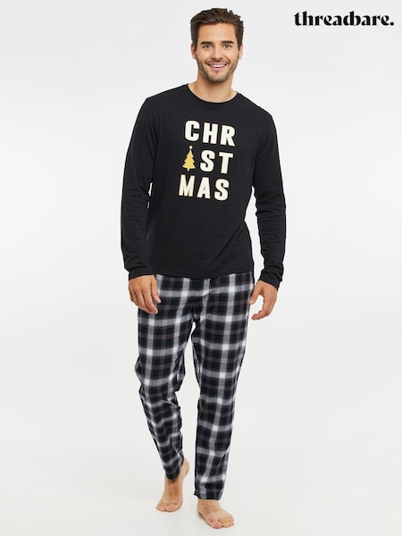 Threadbare Black Cotton Long Sleeves Check Christmas 100% Cotton Pyjamas Set (AW1649) | €23