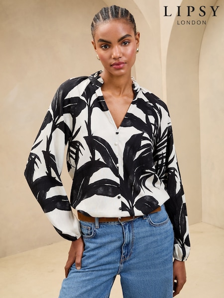 Lipsy Black/White Palm Print Button Detail Blouse (AW1695) | AED210