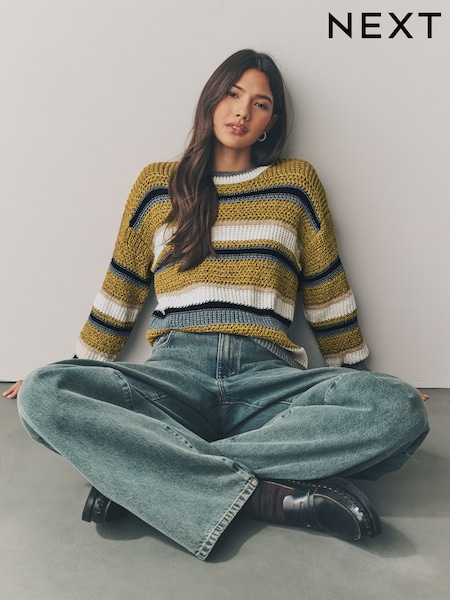 Yellow Ochre Stitchy Striped Relaxed Crew Neck Jumper (AW1964) | kr434
