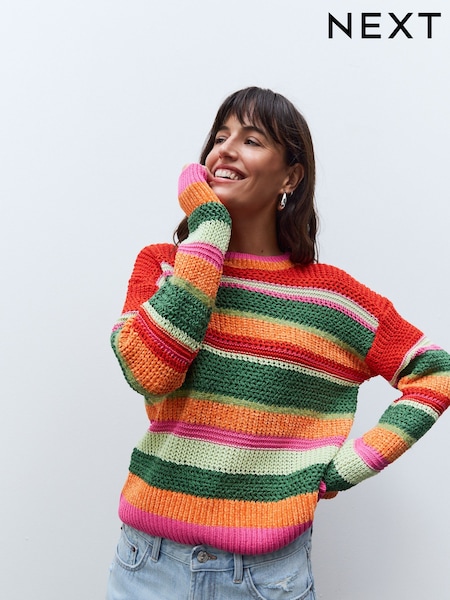 Multi Bright Stitchy Striped Relaxed Crew Neck Jumper (AW1967) | kr434