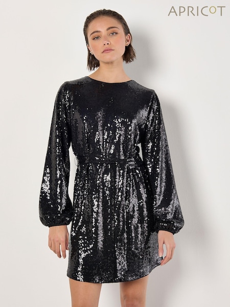 Apricot Black Sequin Puff Sleeves Tie Shift Dress (AW2025) | €27