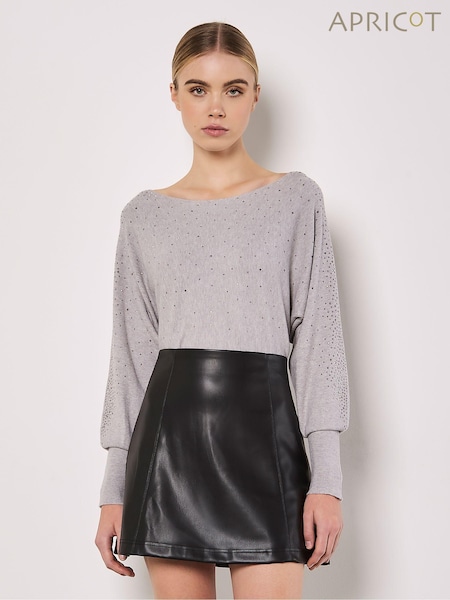 Apricot Grey Stud Neck Ribbed Batwing Jumper (AW2053) | €44
