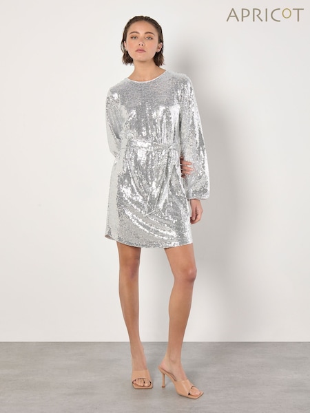 Apricot Grey Sequin Puff Sleeves Tie Shift Dress (AW2055) | €30