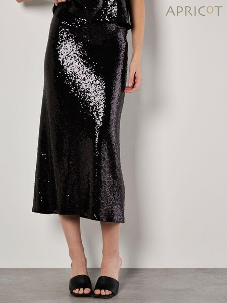 Apricot Black Sequin Bias Cut Midaxi Skirt (AW2058) | €62
