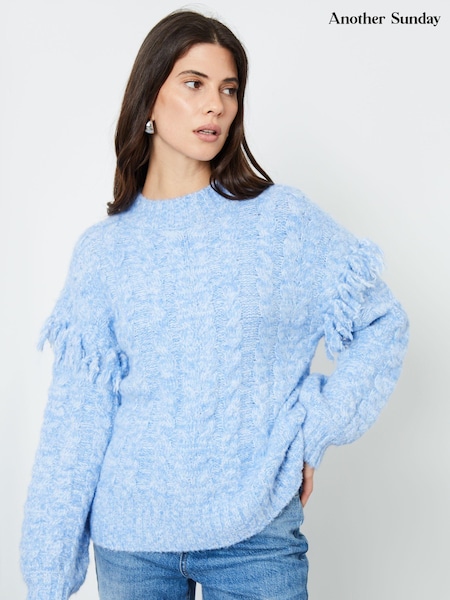 Another Sunday Blue Twisted Yarn Tassel Trim Cable Knit Jumper (AW2127) | AED110