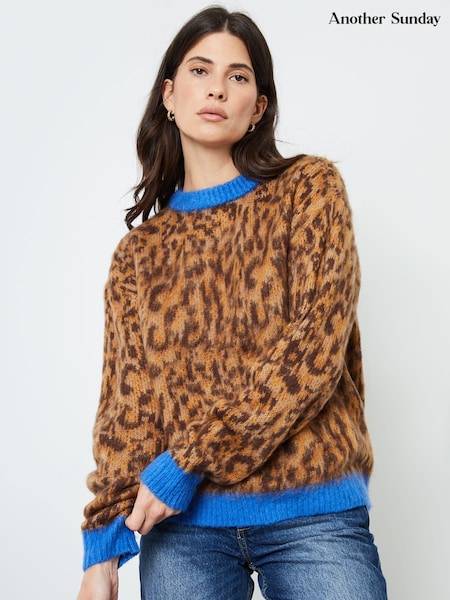 Another Sunday Brown Leopard Print Knitted Jumper With Collar (AW2132) | AED93