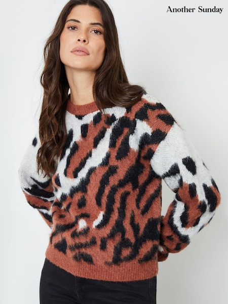 Another Sunday Orange Animal Tiger Print Cropped Brushed Knitted Jumper (AW2134) | AED93