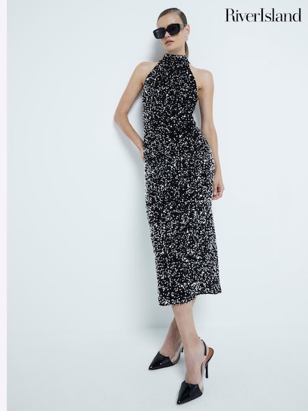 River Island Black Velvet Halter Sequin Detail Midi Dress (AW2181) | €27