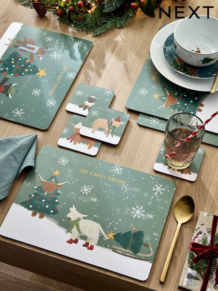Set of 4 Green Christmas Hamish Corkback Placemats and Coasters Set (AW2229) | 88 QAR