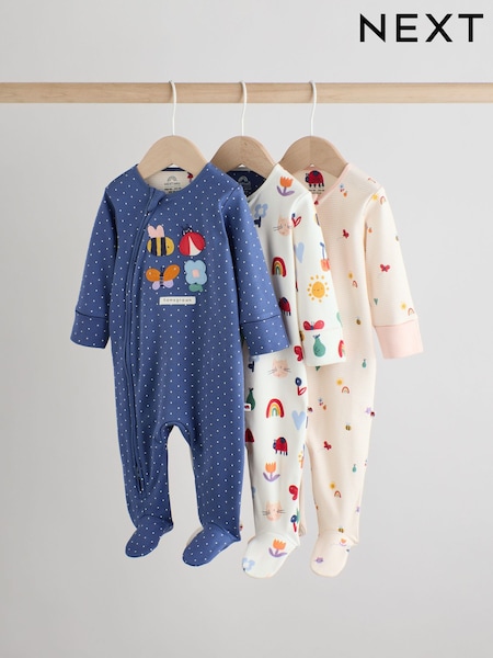 Navy Baby Two Way Zip Sleepsuits 3 Pack (0-2yrs) (AW2293) | AED112 - AED122
