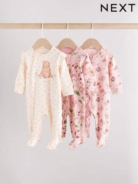 Pink Baby Two Way Zip Sleepsuits 3 Pack (0-2yrs) (AW2294) | €27 - €30