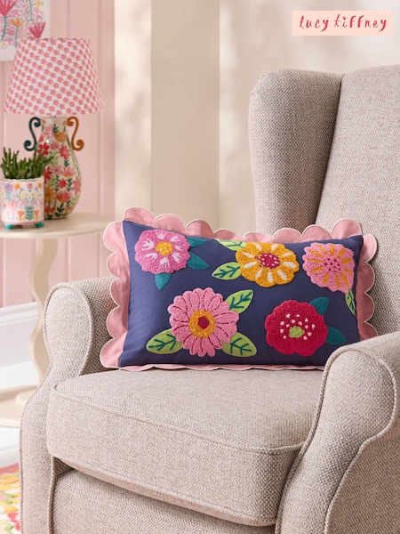 Lucy Tiffney Navy Campion Floral Print Scallop Edge Cushion (AW2459) | € 41