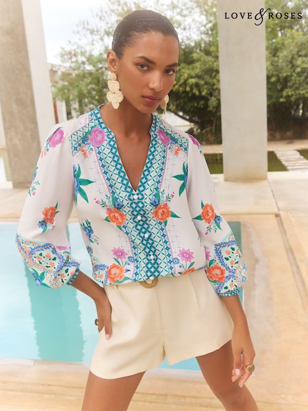V&A I Love & Roses V-Neck Notch Neck Long Sleeve Blouse (AW2584) | 298 LEI